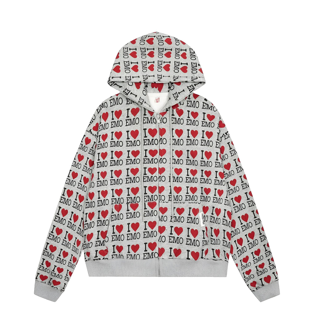 Women's melange grey cotton hooded cardigan with a retro autumn pattern and long sleeves.