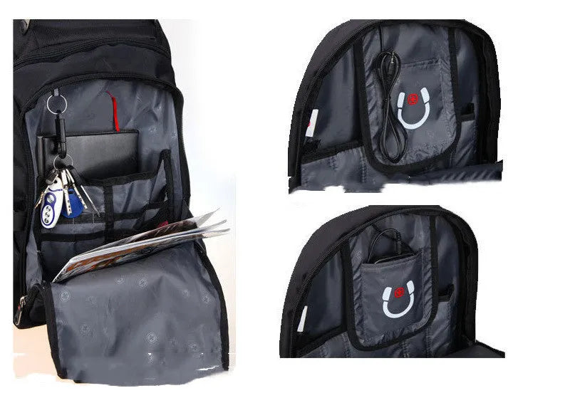 Black polyester travel outdoor backpack with shoulder pad, hard handle and metal element