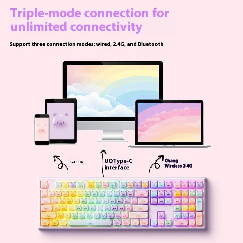 Coloured sugar cat theme mechanical keyboard with MG108B colour scheme and Bluetooth connectivity