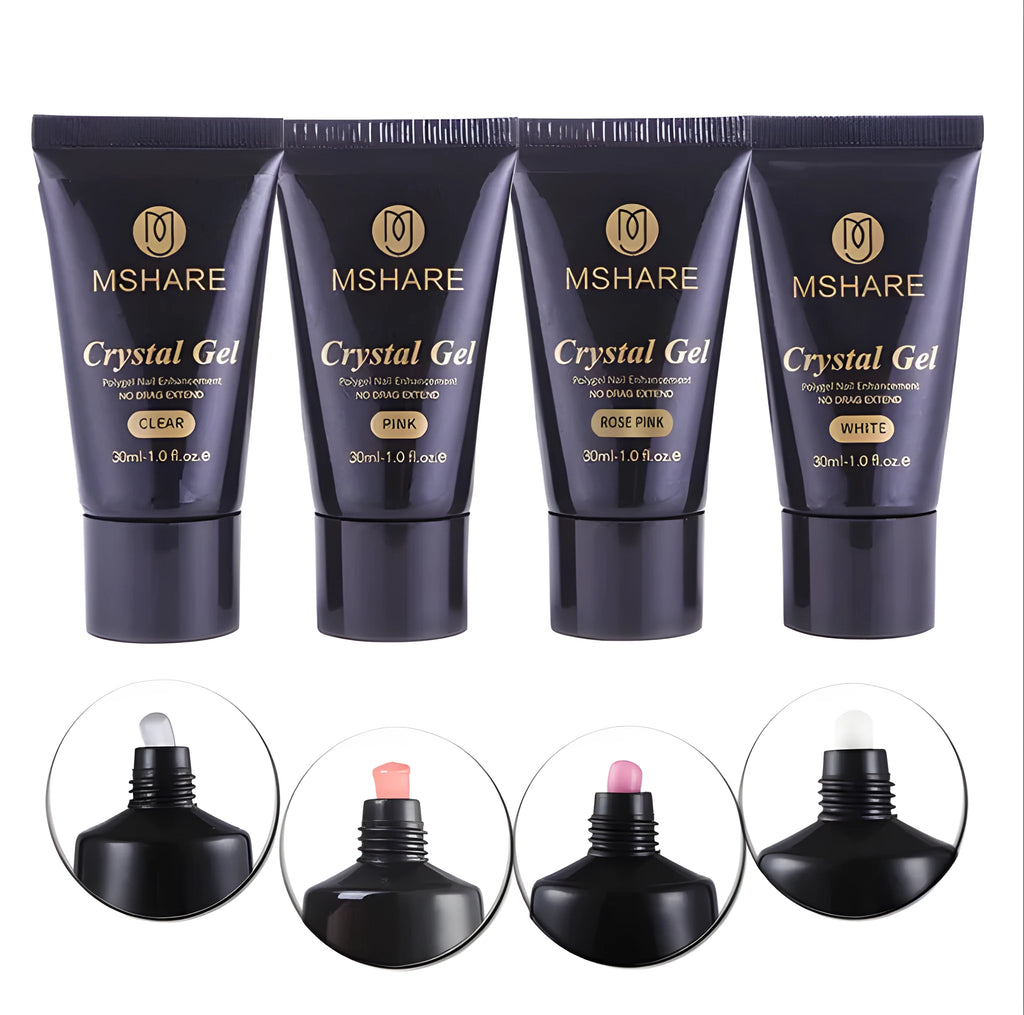 MSHARE acrylic poly gel in a tube with slip solution, available in pink, rose pink, transparent, and white for UV nail extensions