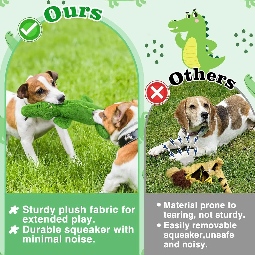 Green crocodile plush dog toy with squeaker and crinkle paper tail for aggressive chewers