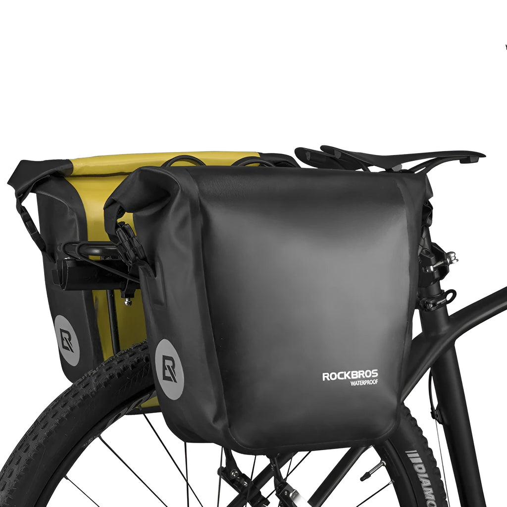 Bicycle waterproof bag made of nylon cloth and waterproof fabric, black colour, shown on a bike for cycling storage