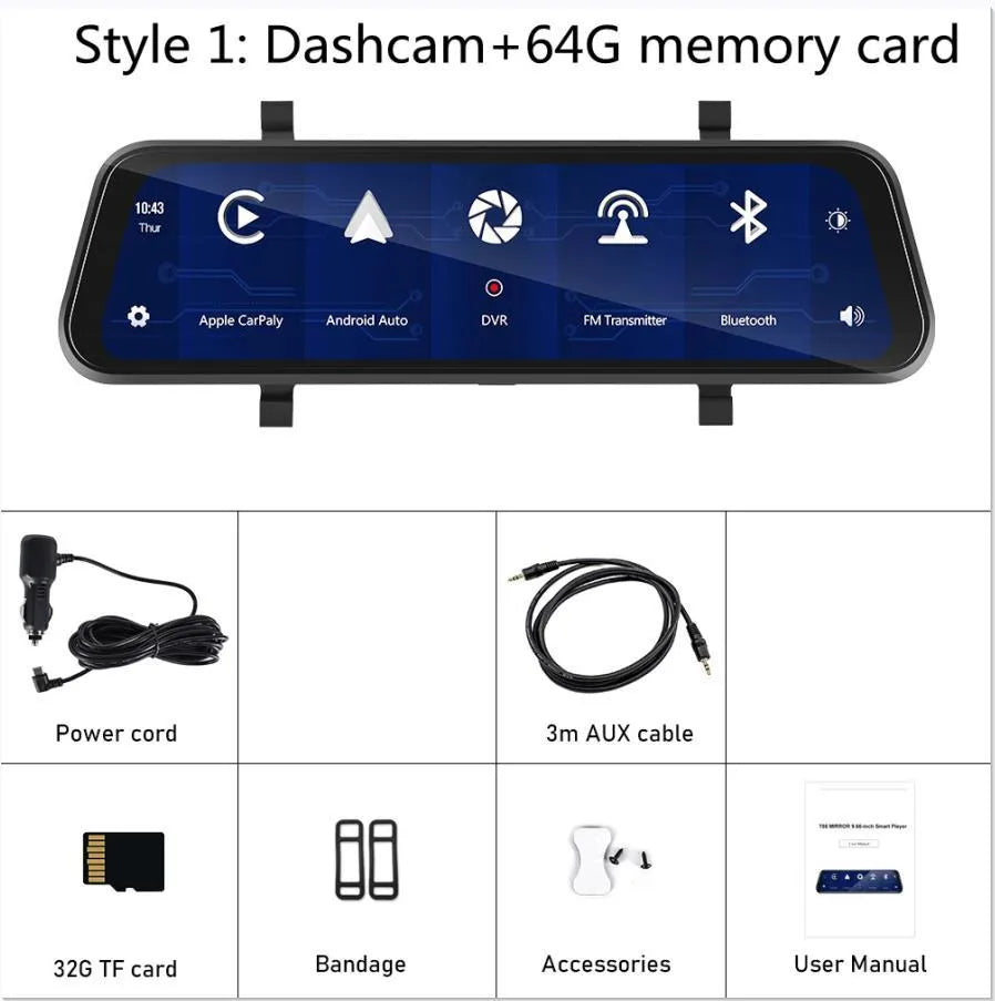 9.66-inch in-mirror car dash cam and video player displayed with mounting bracket and accessories