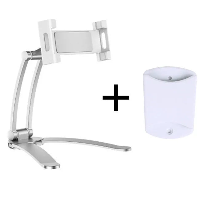 Silver aluminium alloy desktop tablet stand holding a tablet, showing its 360-degree rotation and adjustable chuck mechanism.