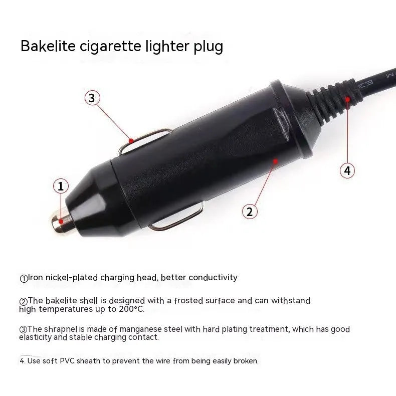 Black vehicle-mounted one-to-two cigarette lighter splitter with USB and 25cm 18AWG cable