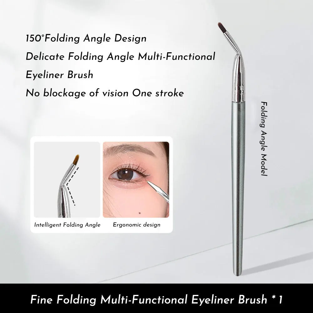 Close-up of a black angled eyeliner brush with a fine point, bent at 45 degrees for precise makeup application.