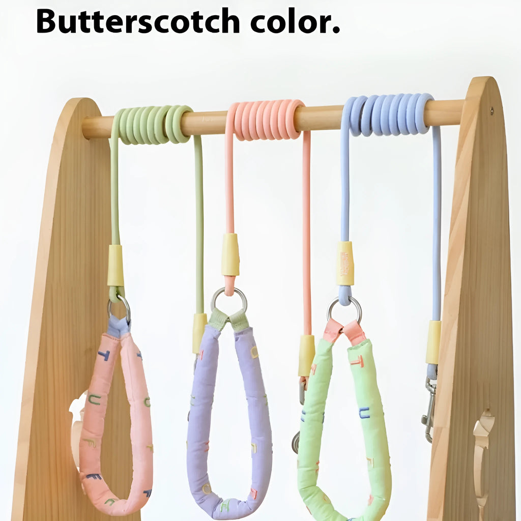 A 150cm long polyester dog leash with a hand-holding rope, shown in a choice of pink, green, purple, or raspberry powder colours.