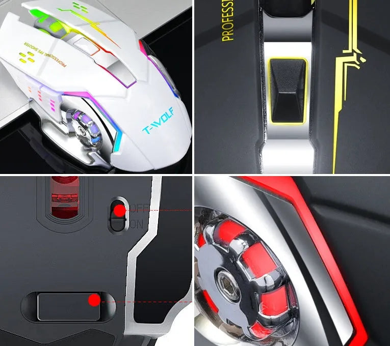 Black and white wireless computer mouse with 2400dpi resolution and mute buttons