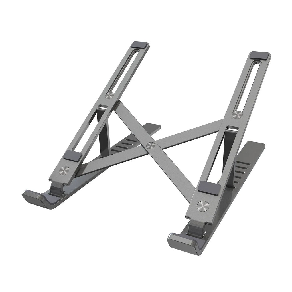Silver aluminium laptop stand open at an angle next to a closed laptop.