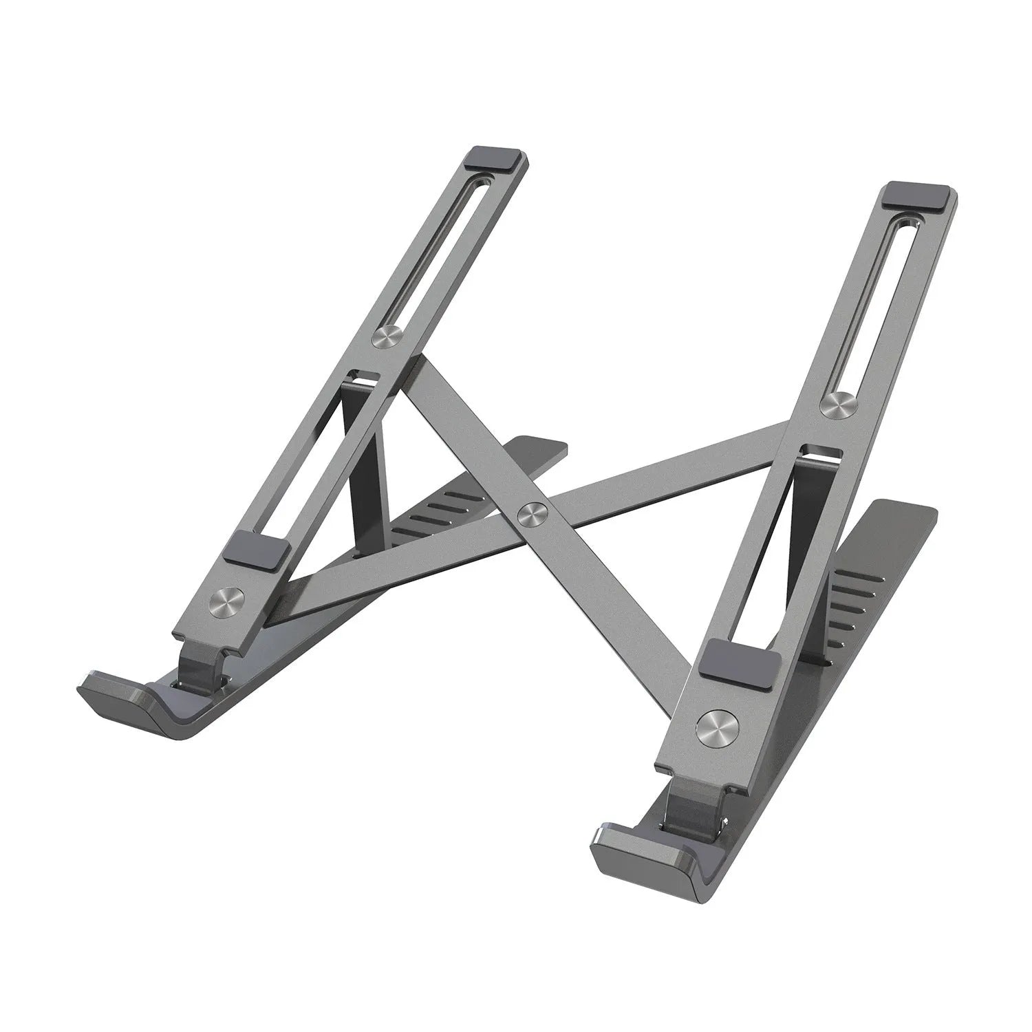 Silver aluminium laptop stand open at an angle next to a closed laptop.