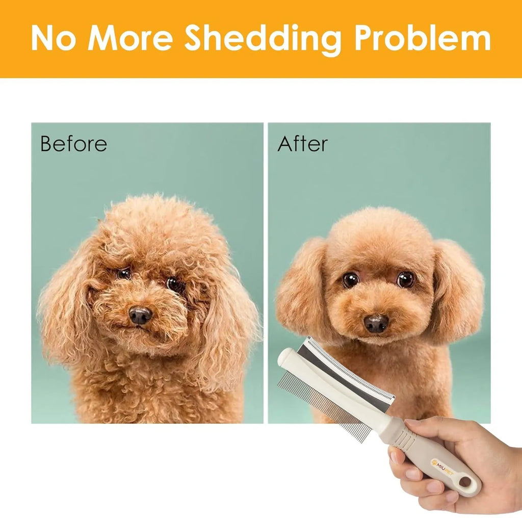 White double-sided dog and cat grooming brush with a curved comb and deshedding bristles on an ergonomic handle.