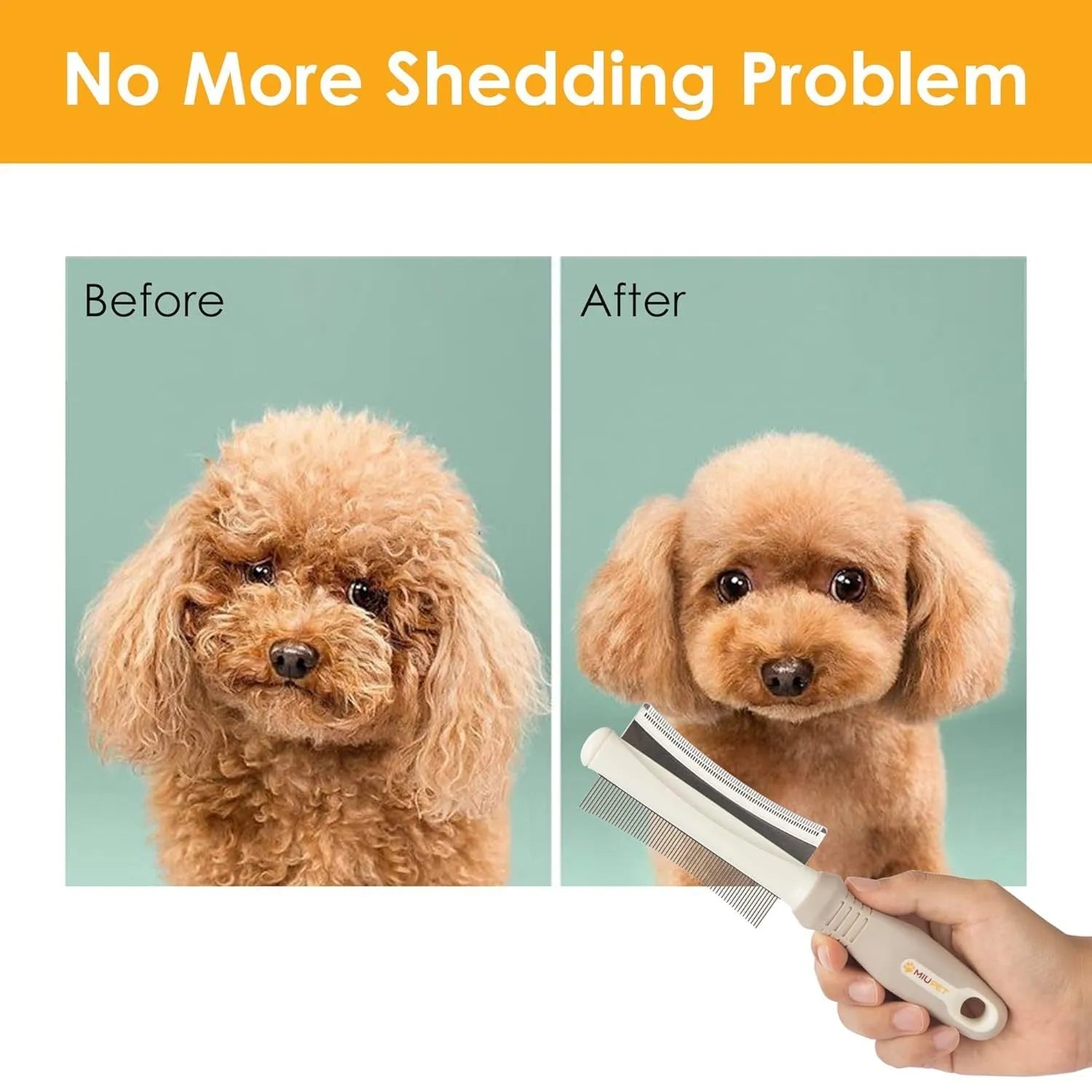 White double-sided dog and cat grooming brush with a curved comb and deshedding bristles on an ergonomic handle.