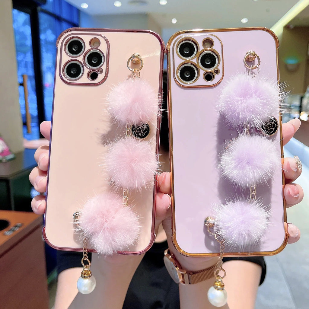 Electroplated TPU phone case with plush bracelet for iPhone, black colour, showing back and side coverage