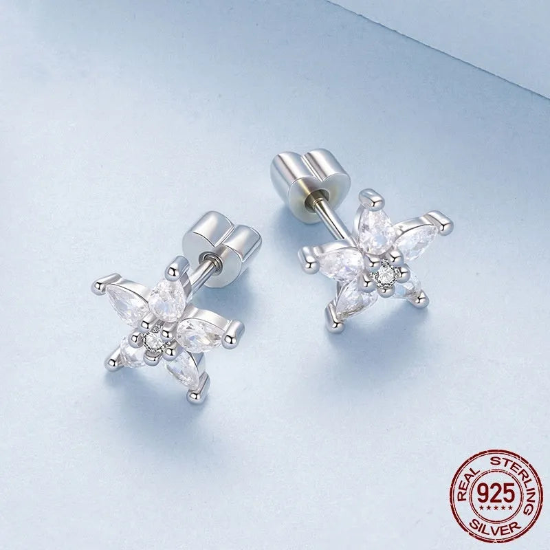 Small silver flower ear studs with shining zircon detail, Christmas style, one pair, colour BSE1239