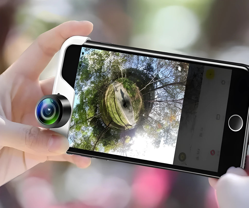 Panoramic camera lens accessory attached to iPhone for 360-degree photography