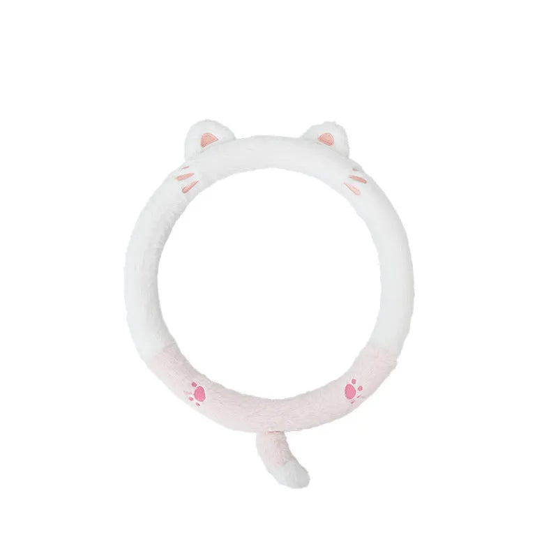 Plush cartoon animal steering wheel cover with rabbit fur trim, fitted on a 38cm car steering wheel.