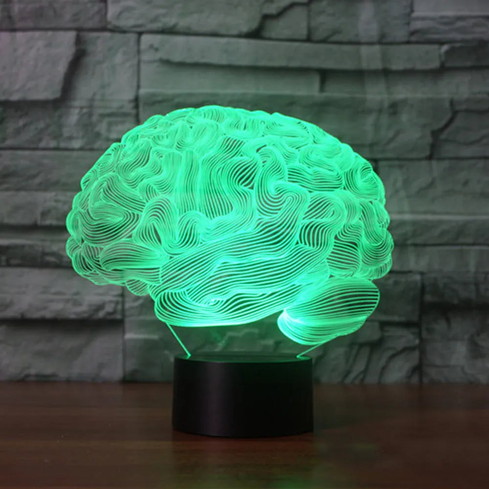 Brain-shaped 3D acrylic illusion desk lamp with colourful LED lights on a black ABS base.