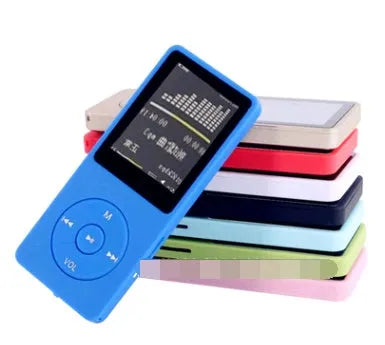 Slim Black MP4 player with a 1.8-inch colour screen showing a music playlist interface.