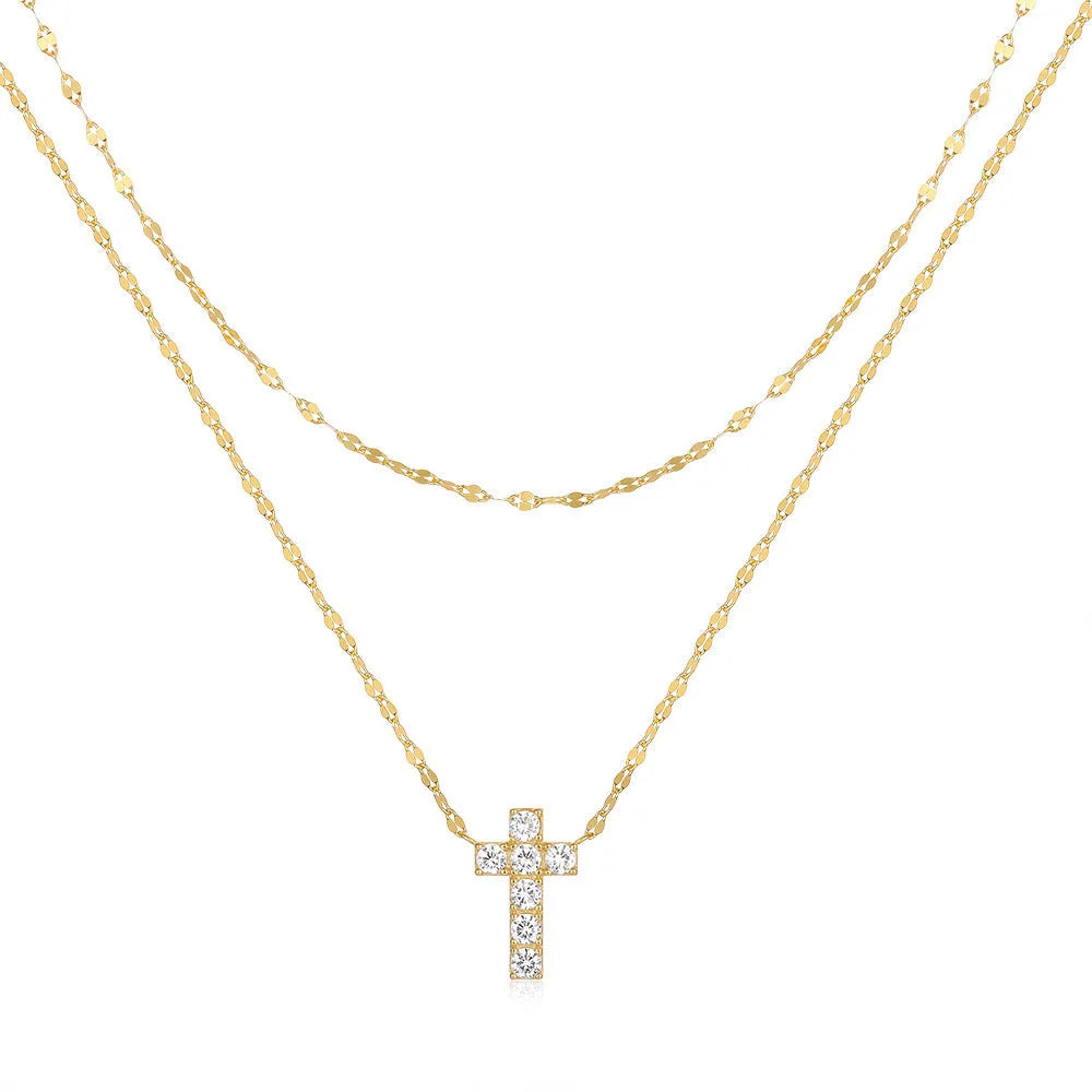 S925 sterling silver necklace with a double layer diamond cross pendant on a clavicle chain.