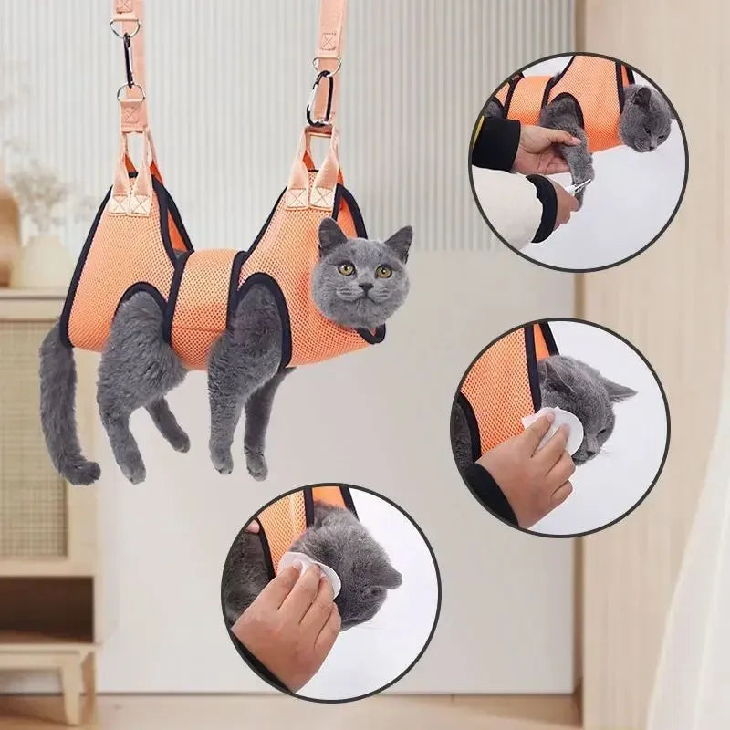 Cat grooming restraint bag with hanging hammock in three measured sizes for nail trimming and bath time