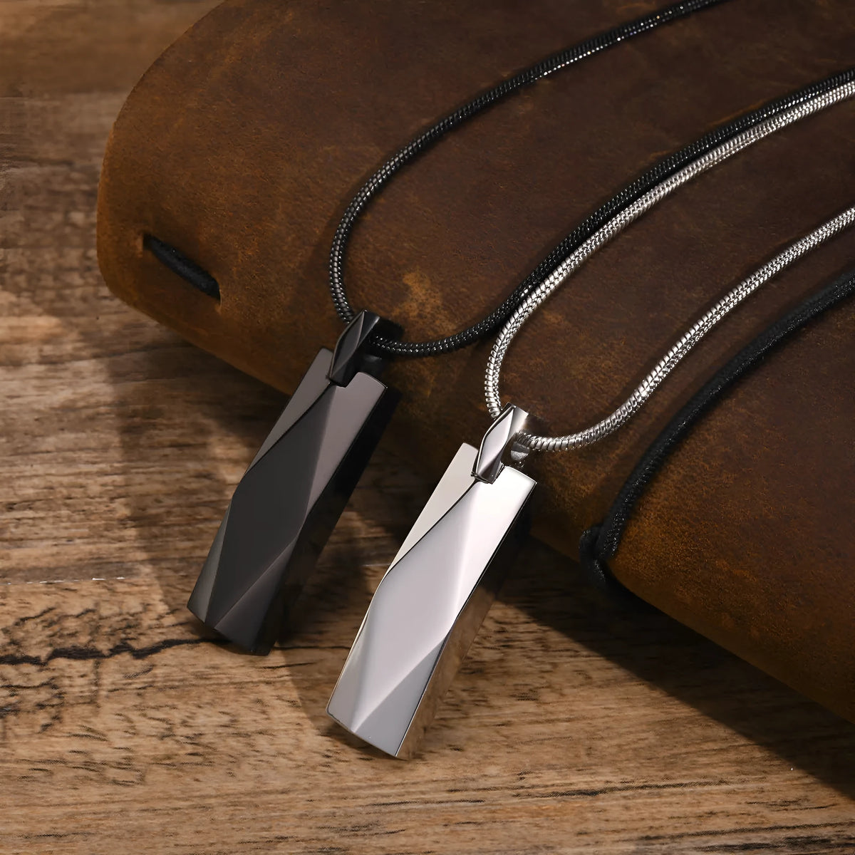 Stainless steel rectangular three-dimensional diamond geometric necklace in steel or black with chain