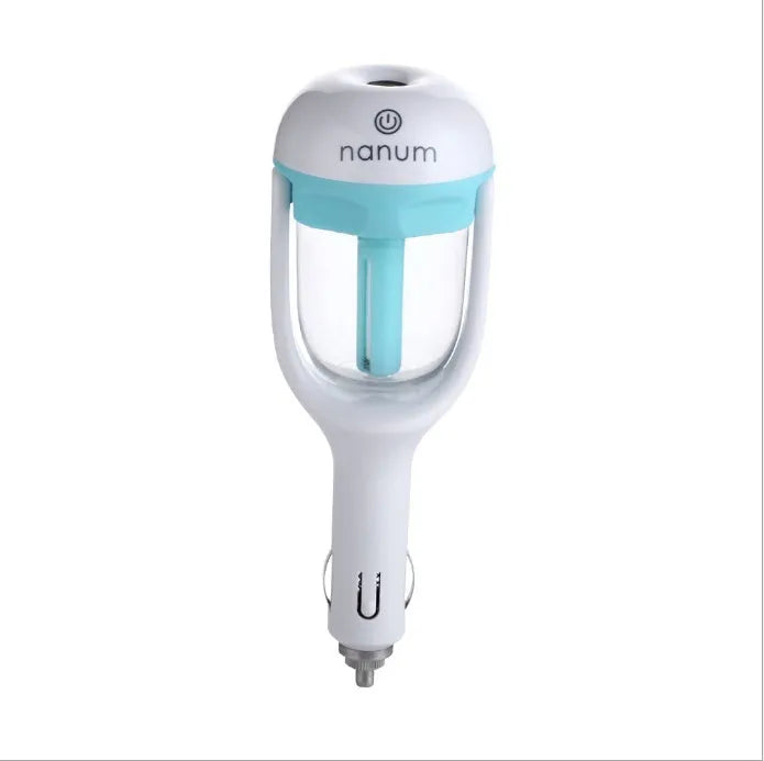 Compact portable car humidifier and essential oil diffuser unit in blue, green, pink, or purple.
