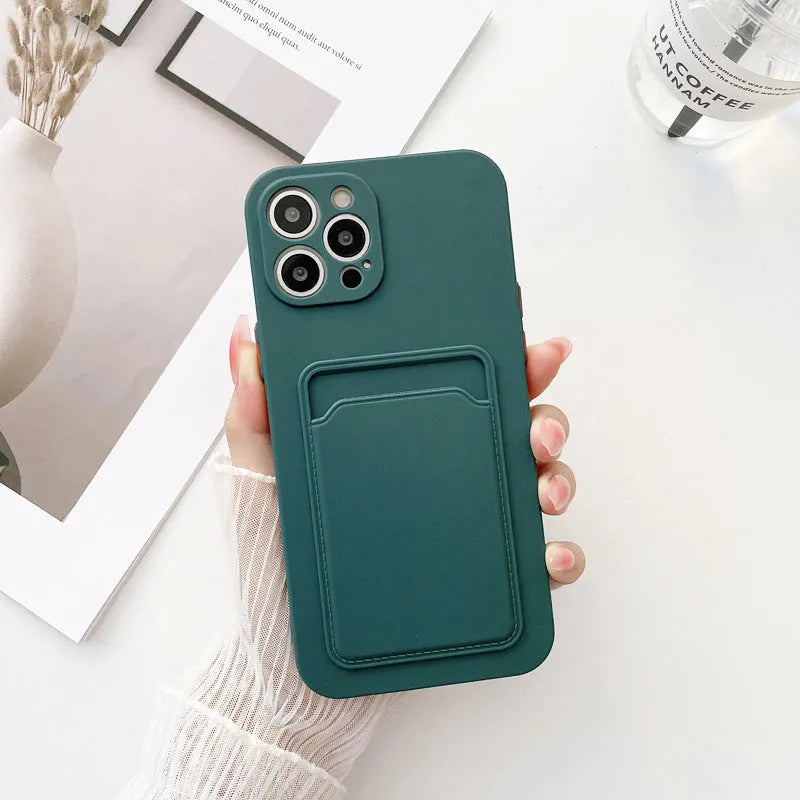 Card fine hole liquid phone case in TPU for Apple iPhone with card slot in back, black colour, simple style