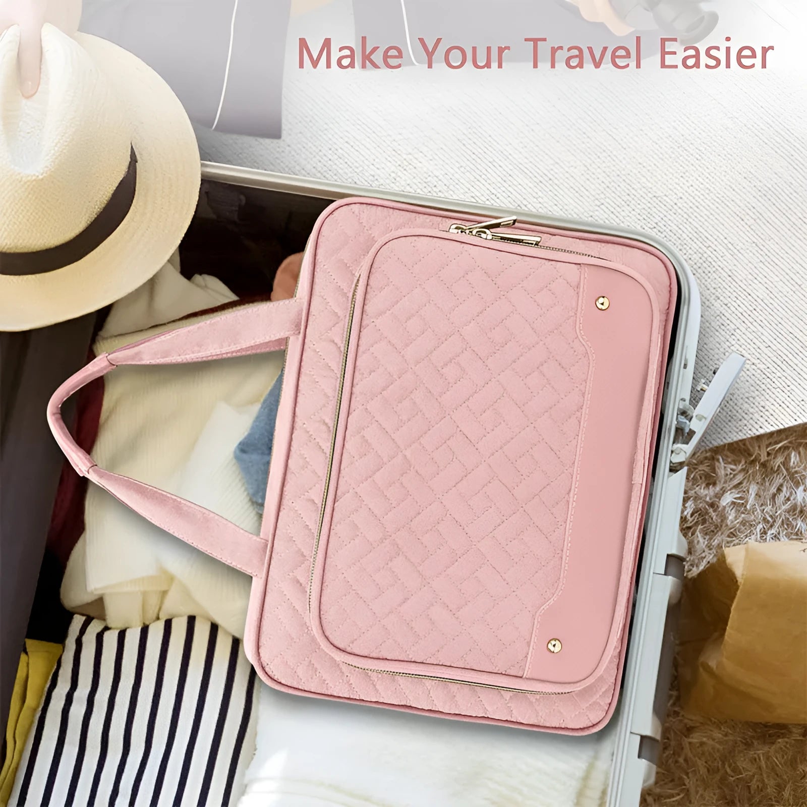 Waterproof polyester hanging cosmetic storage bag in pink colour showing dimensions