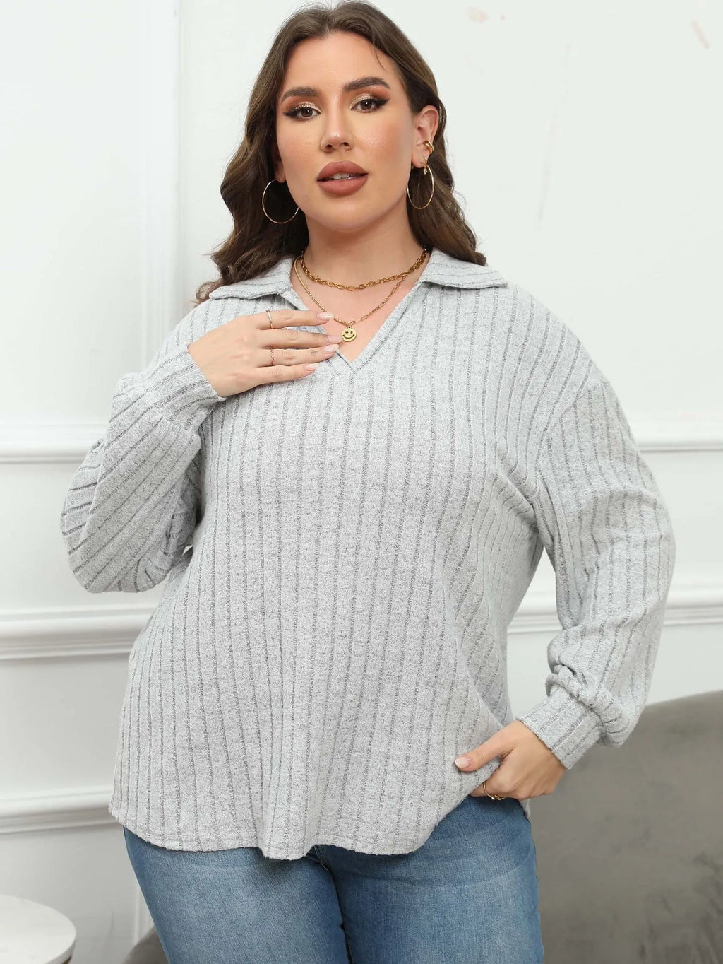 Women's plus size grey polo collar shirt with lantern sleeves in Gothic street style.