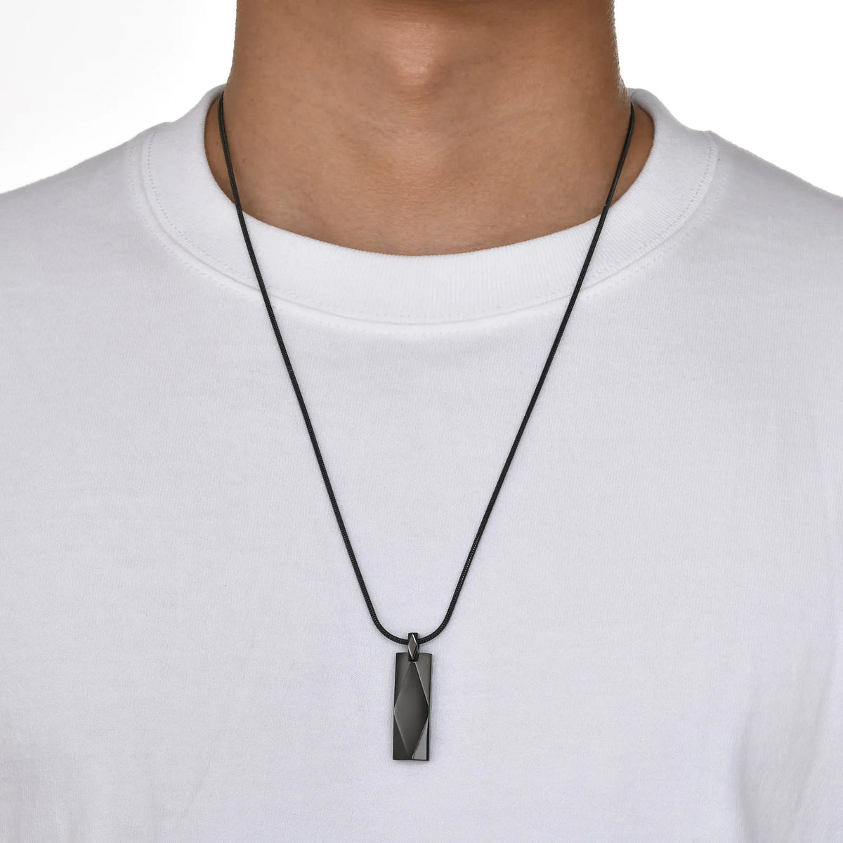 Stainless steel rectangular three-dimensional diamond geometric necklace in steel or black with chain