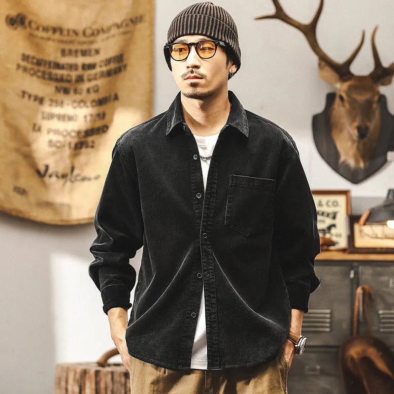 Men's loose-fit black corduroy shirt jacket with long sleeves