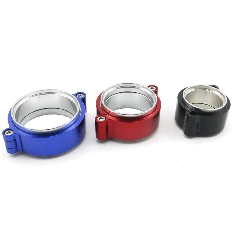 Aluminium fixed movement exhaust clamp for car turbo modification in black, blue, or red.