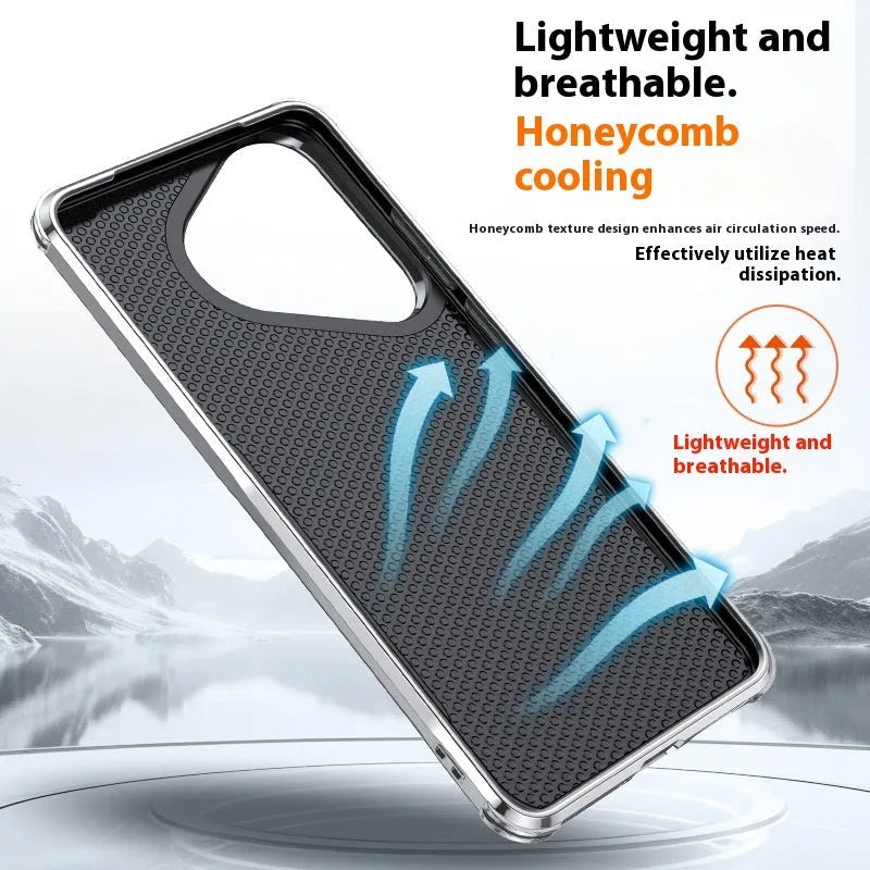 Huawei Pura series leather phone case in black with an invisible kickstand bracket deployed.