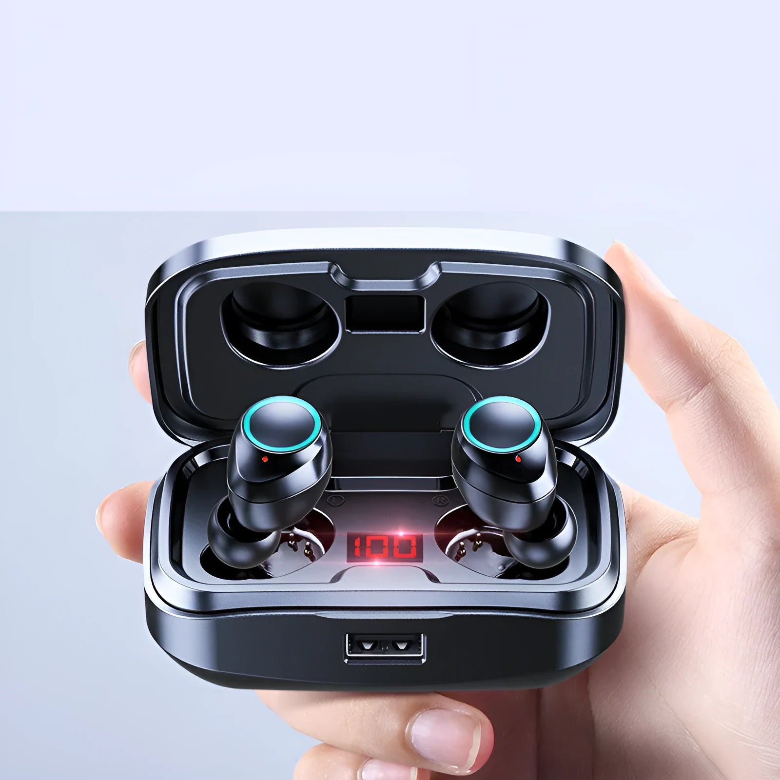 Black wireless Bluetooth in-ear earphones with red charging case on a white background.