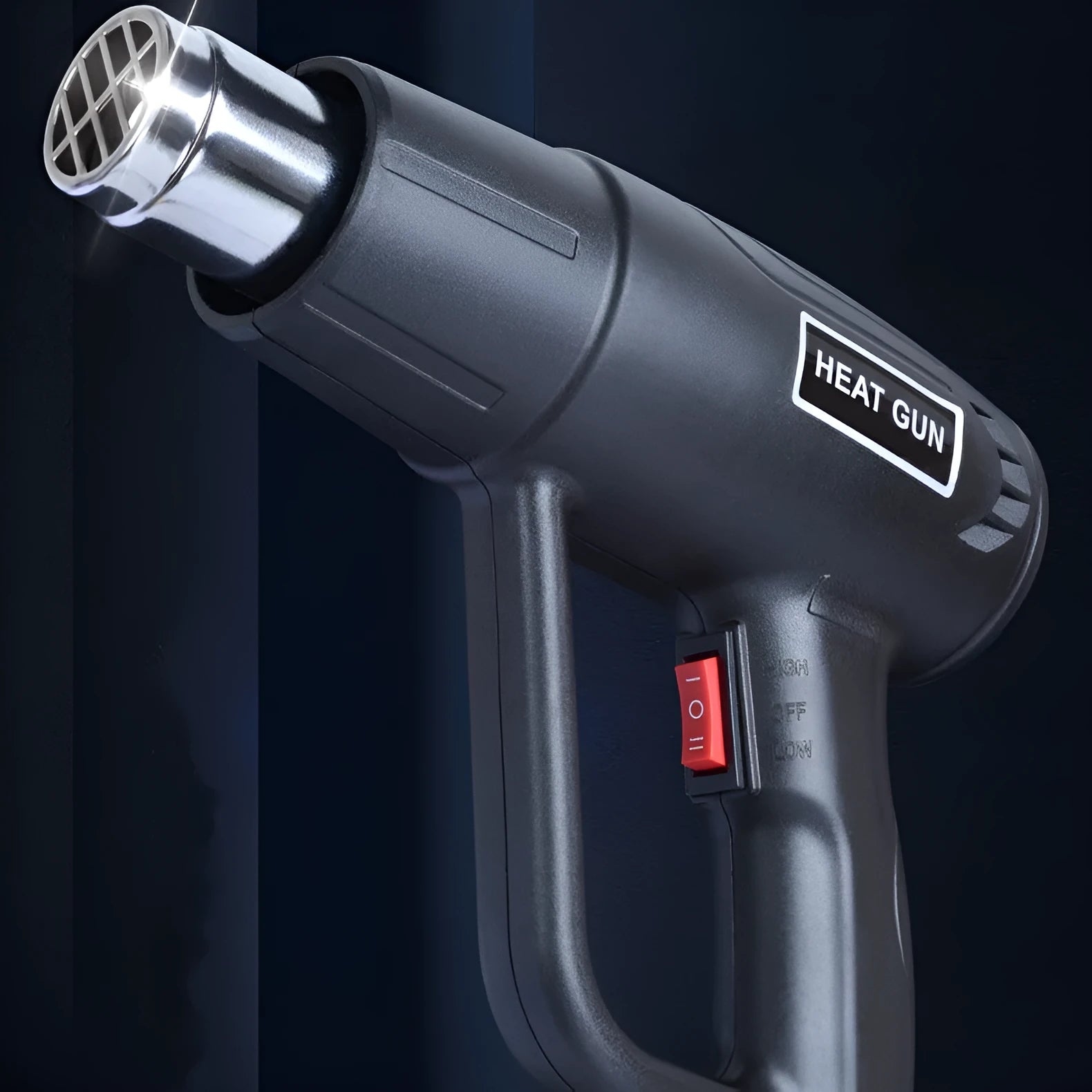 A black 2000W hot air gun with a two-speed switch and grid-pattern air outlet.