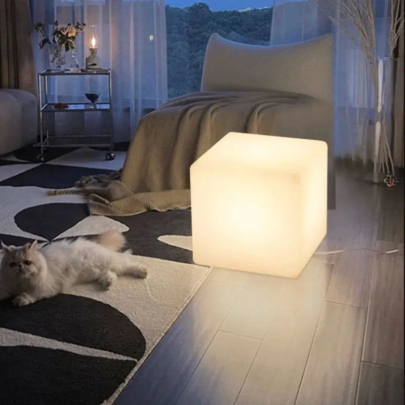 Modern square LED cube light for outdoor garden use, shown in various sizes.
