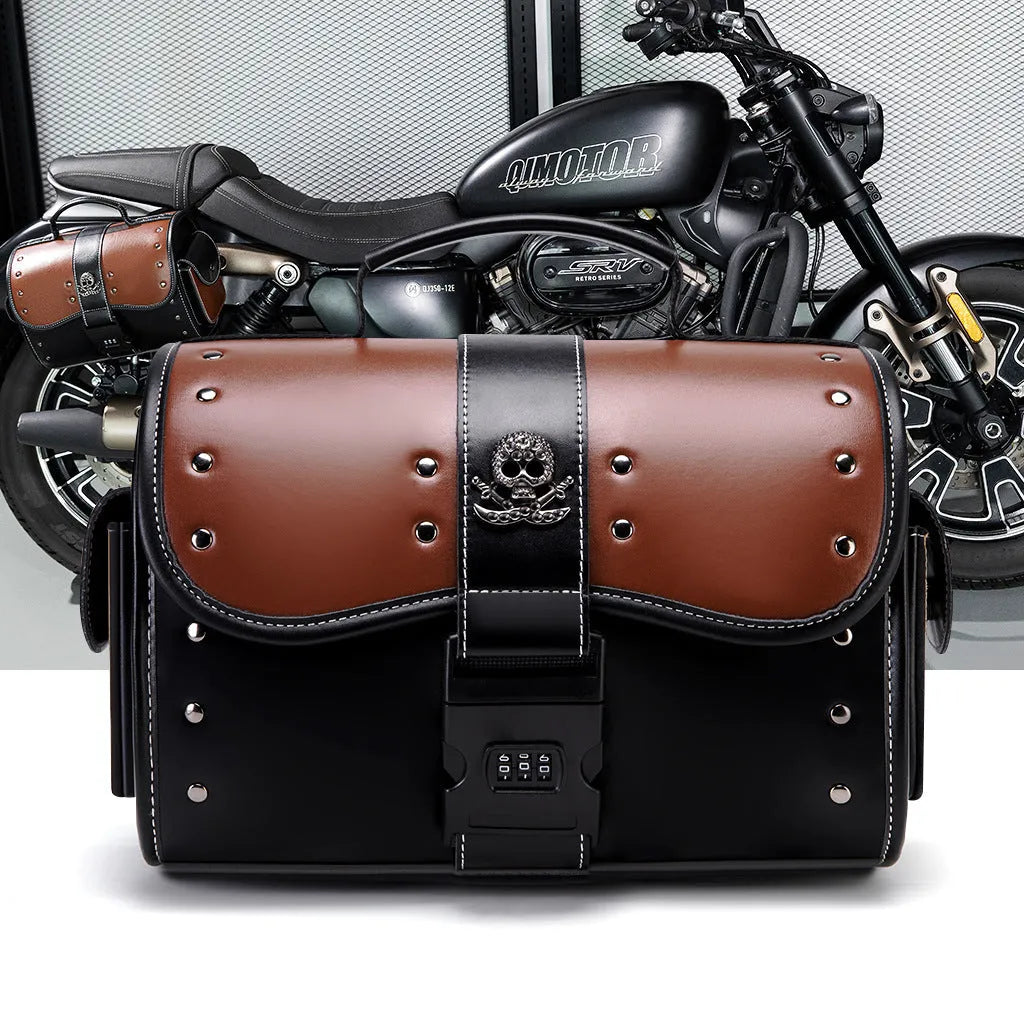 PU leather motorcycle front bag with patchwork design, mounted on handlebars.