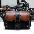 PU leather motorcycle front bag with patchwork design, mounted on handlebars.
