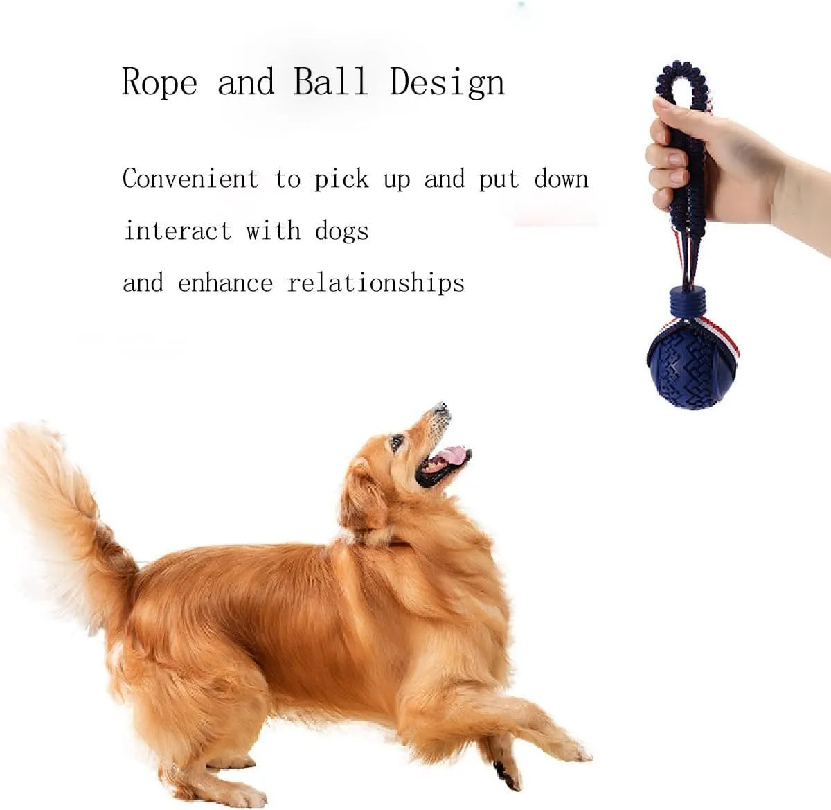 Blue or red natural rubber dog ball with attached rope toy for small and medium breed dogs