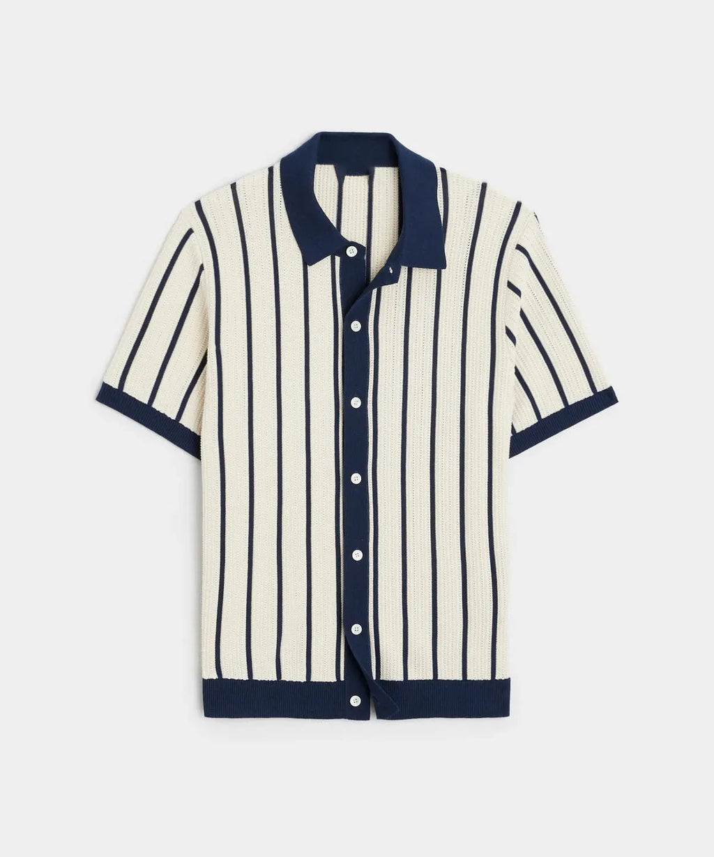 Men's white British style knitted short sleeve top with lapel and asymmetric stripes.