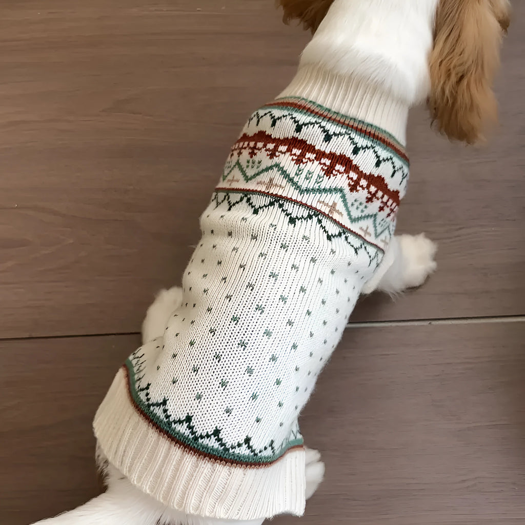 Fairisland beige dog sweater with green dots in five sizes for small to medium pets