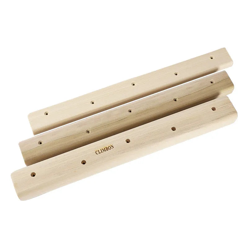 Set of three solid wooden finger hangboards for grip strength training, shown in different sizes.