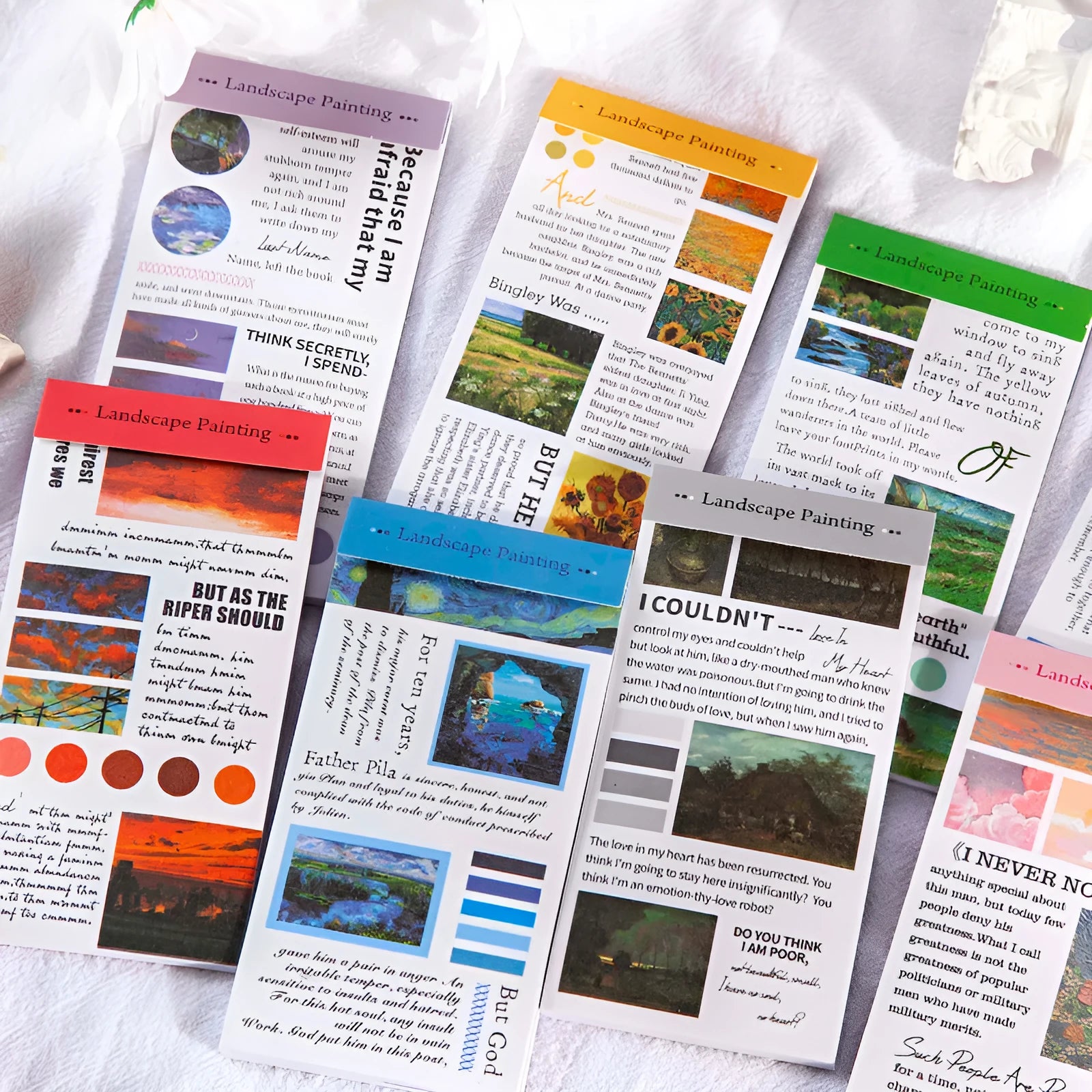 Pack of 20 paper landscape painting stickers measuring 60 by 120 millimetres
