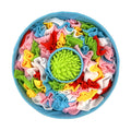 Brown polyester pet smell puzzle mat on floor, with dry treats hidden in folds for nose work