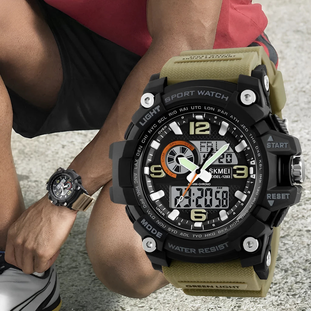 Sports waterproof electronic watch for men in black with silicone strap and plastic case