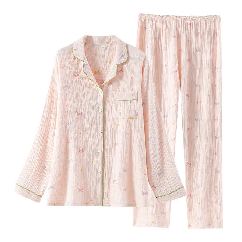 Women's cotton crepe pajamas suit in pink with long sleeves and trousers