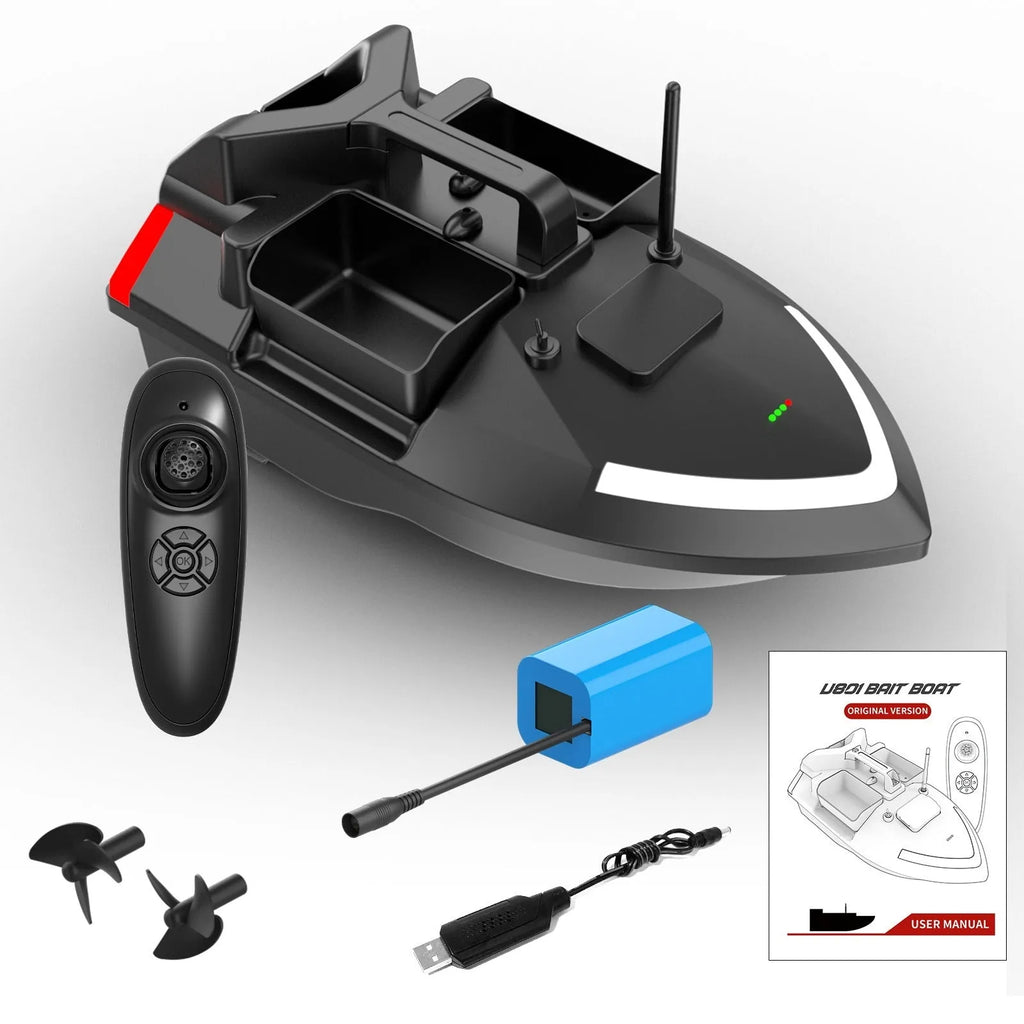 V020 GPS remote control fishing boat with LED lights on water, showing handbag and remote.
