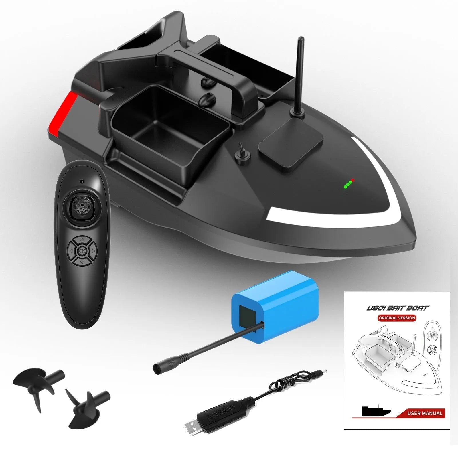 V020 GPS remote control fishing boat with LED lights on water, showing handbag and remote.