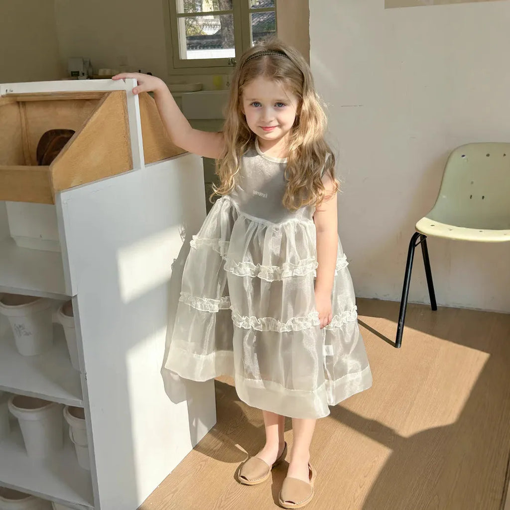 Light green girls summer sleeveless bandage dress two-piece set with yarn fabric