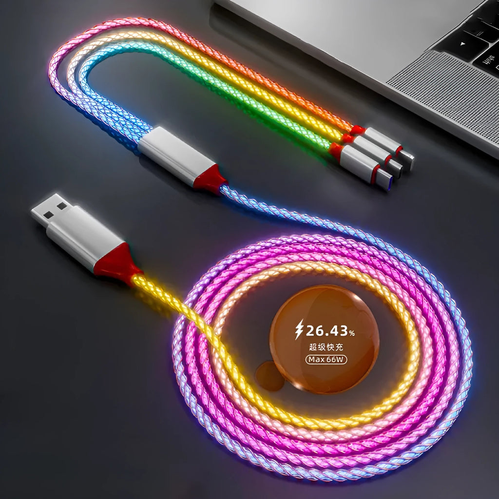 Colourful gradient 3-in-1 USB charging cable with Lightning, Micro USB, and TYPE-C connectors